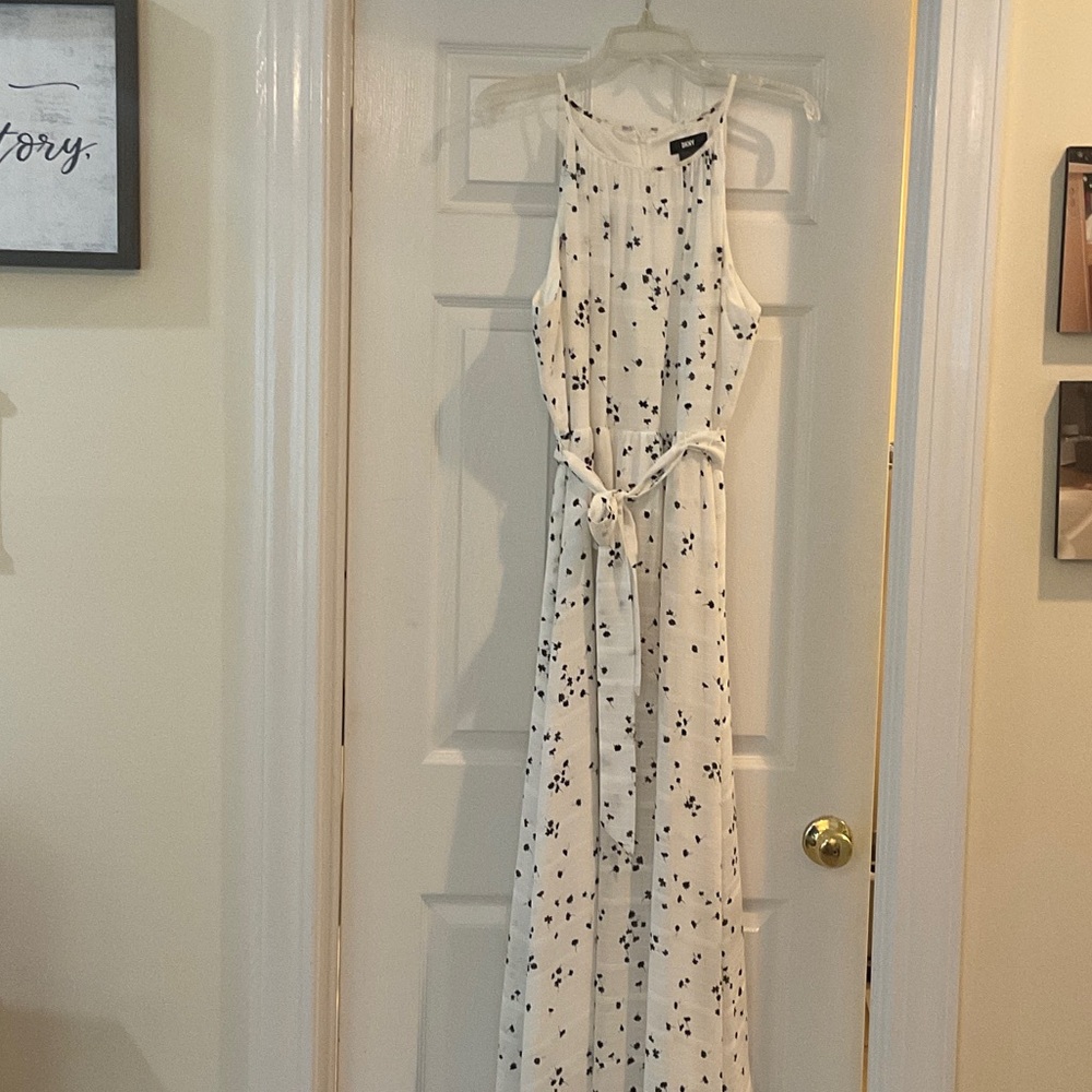 DKNY White Maxi Dress with Black Pattern